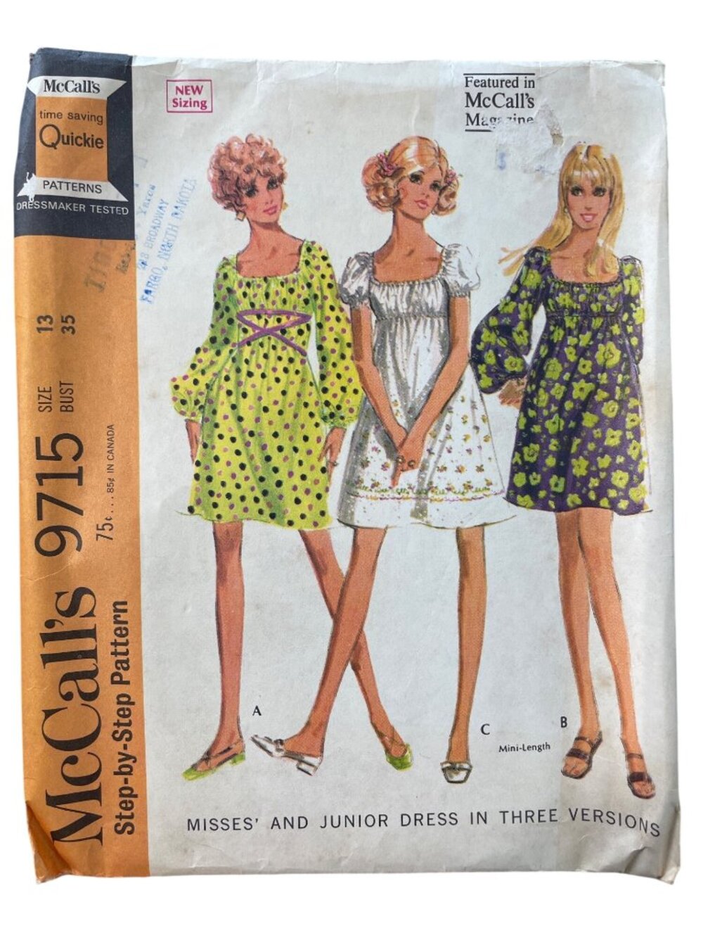 Vintage 60s Mccalls 9715 Sewing Pattern Size 13 Misses & Junior Dress 1969 Uncut